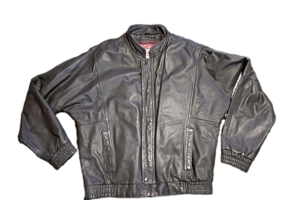 London Fog Men's Black Leather Bomber Jacket Zip 42R Retro Removable Liner